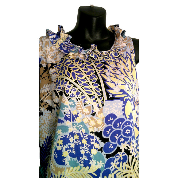 Talbots 2X Petite Ruffle Neck Blue Yellow Tan Sleeveless Blouse - Picture 2 of 6